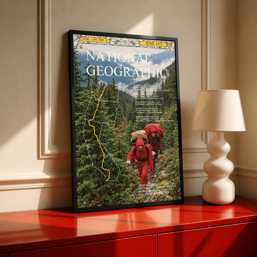 Framed hiking poster featuring forest landscape, map lines, and hikers in red