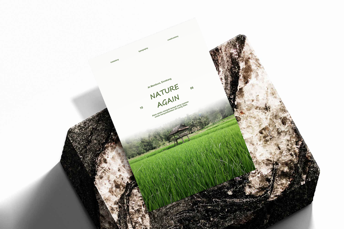 Green rice field and small wooden pavilion beneath Nature Again lettering; unframed print on a stone display