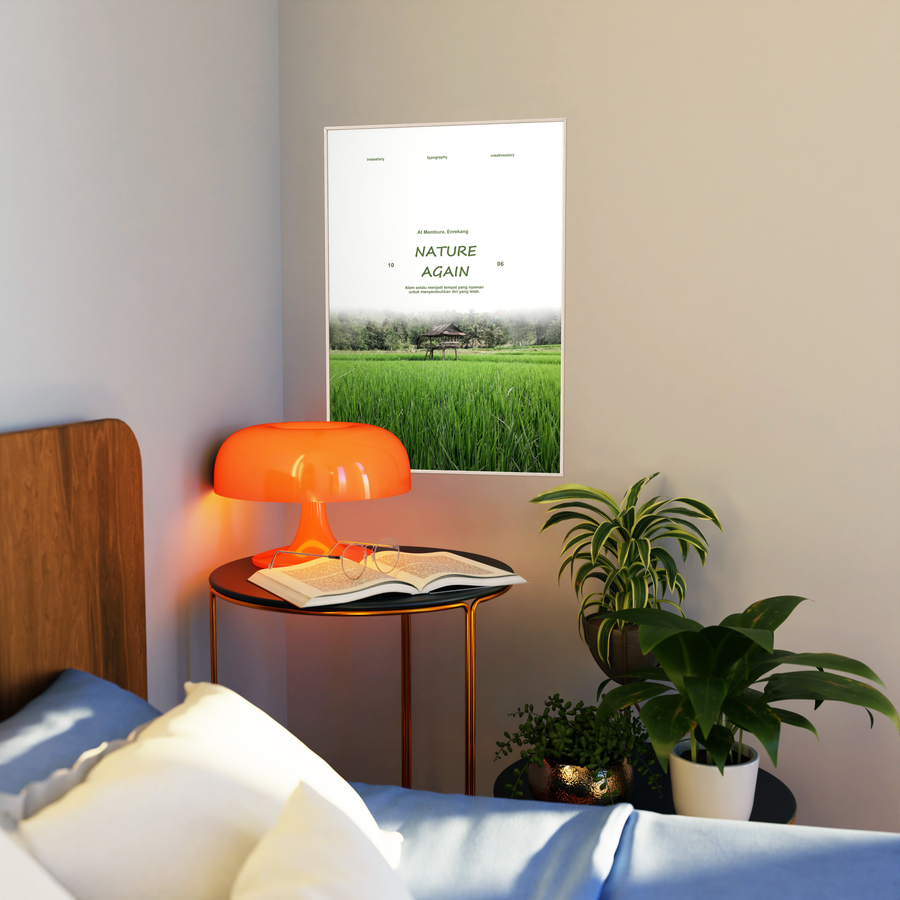 White-framed rice field wall poster with green grass and small wooden pavilion