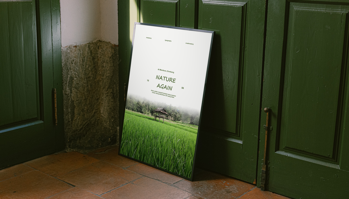 Green rice field and small wooden pavilion beneath Nature Again lettering; unframed canvas styled by a green doorway