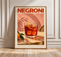 Framed Negroni cocktail wall art poster with orange drink glass illustration