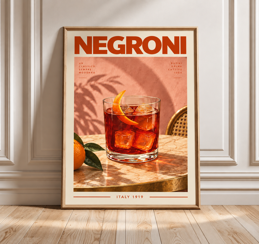Negroni cocktail wall art displayed in a warm modern bar and dining interior