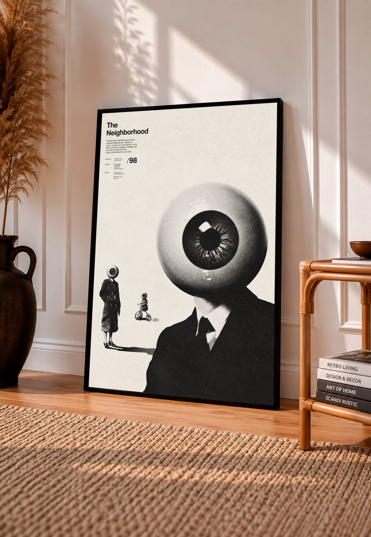A suited eyeball-headed figure with smaller surreal figures on cream in a black frame leaning on a sunlit floor beside a rattan chair