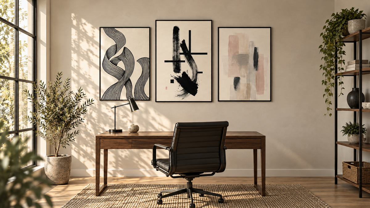 Three framed abstract gallery prints with black and beige strokes, black frames