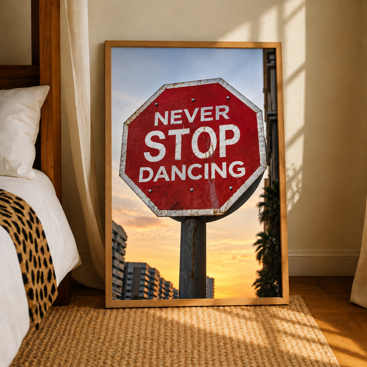 Oak-framed wall art poster with red octagon stop sign reading 