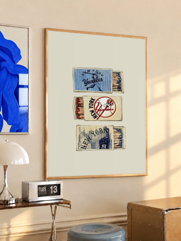 Oak-framed baseball matchbox print, vintage Yankees collage on cream