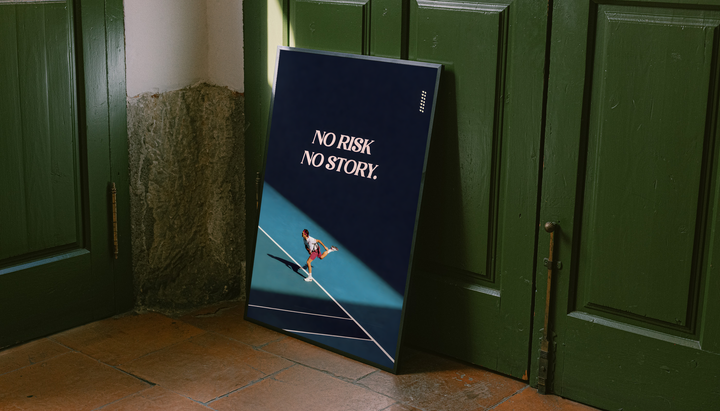 No Risk No Story quote in pale pink above a tennis player on a turquoise court with a diagonal shadow, styled in a black frame against dark green paneled doors above orange floor tiles