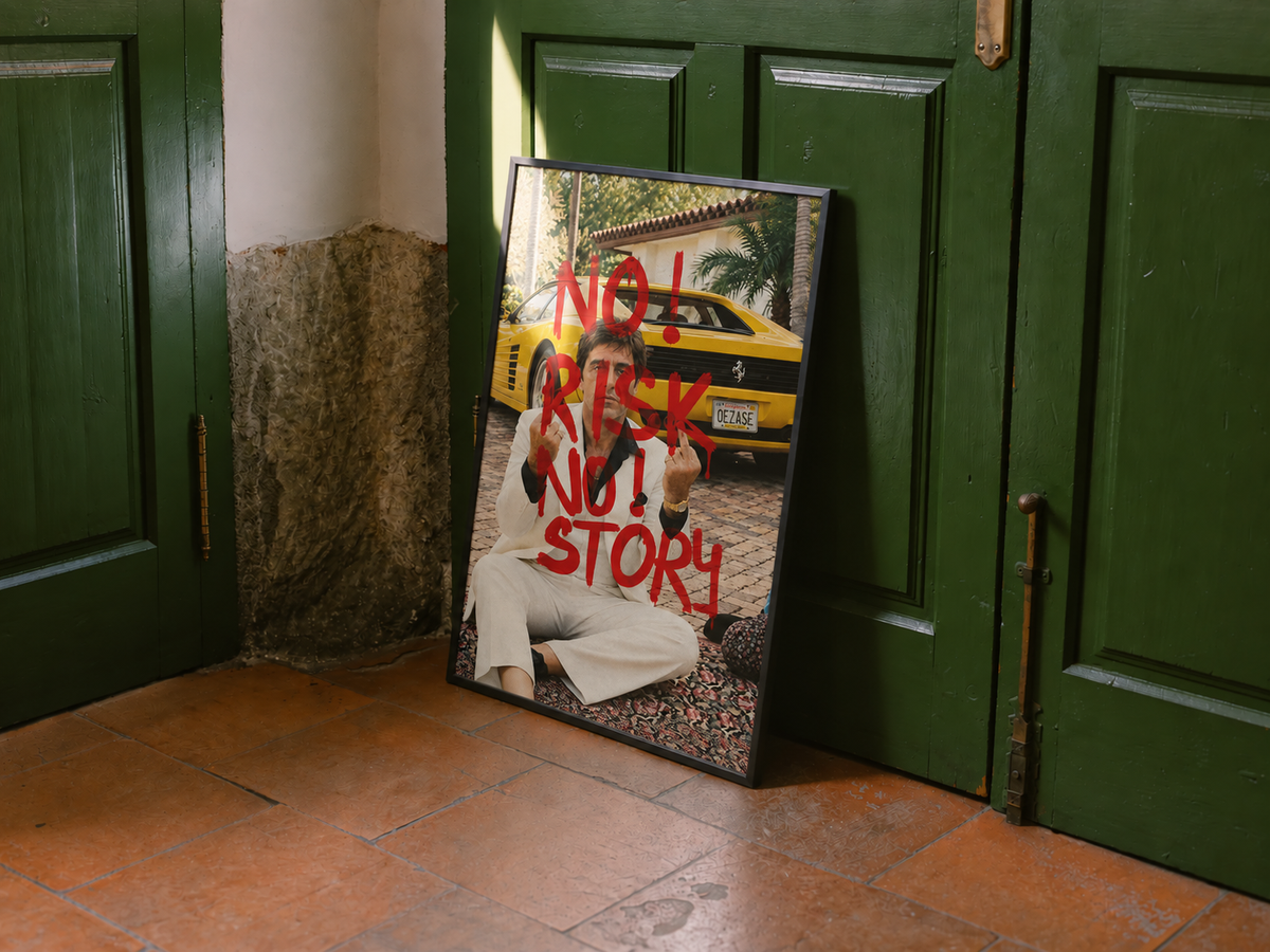 Yellow supercar wall art with red 'NO RISK NO STORY' text, framed