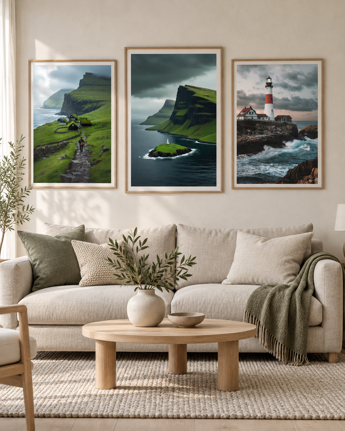 Set of three framed coastal landscape prints with cliffs, ocean, and lighthouse
