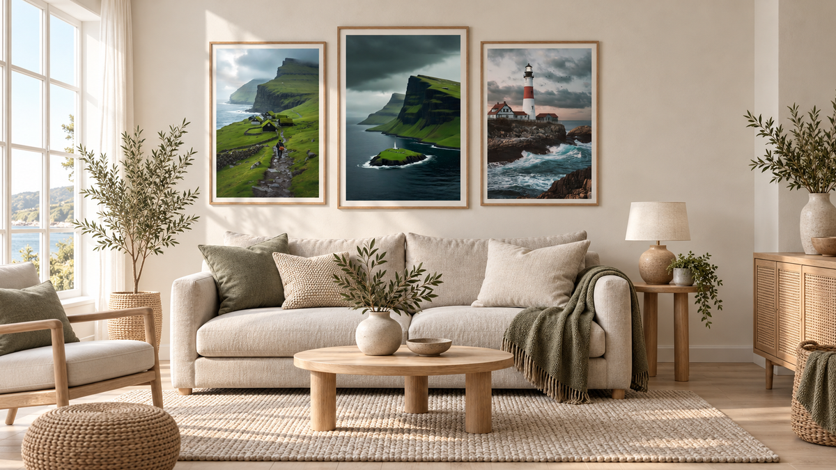 Three framed coastal landscape prints, including a lighthouse on rocky shore