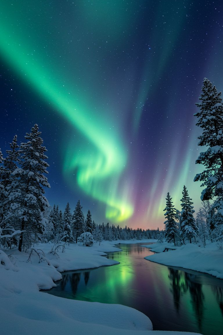 Landscape wall art featuring green aurora above snowy pine forest and river