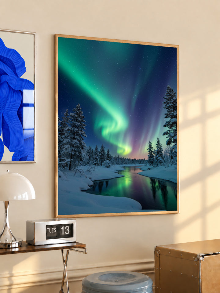 Framed landscape wall art with green aurora over snowy pine forest and river