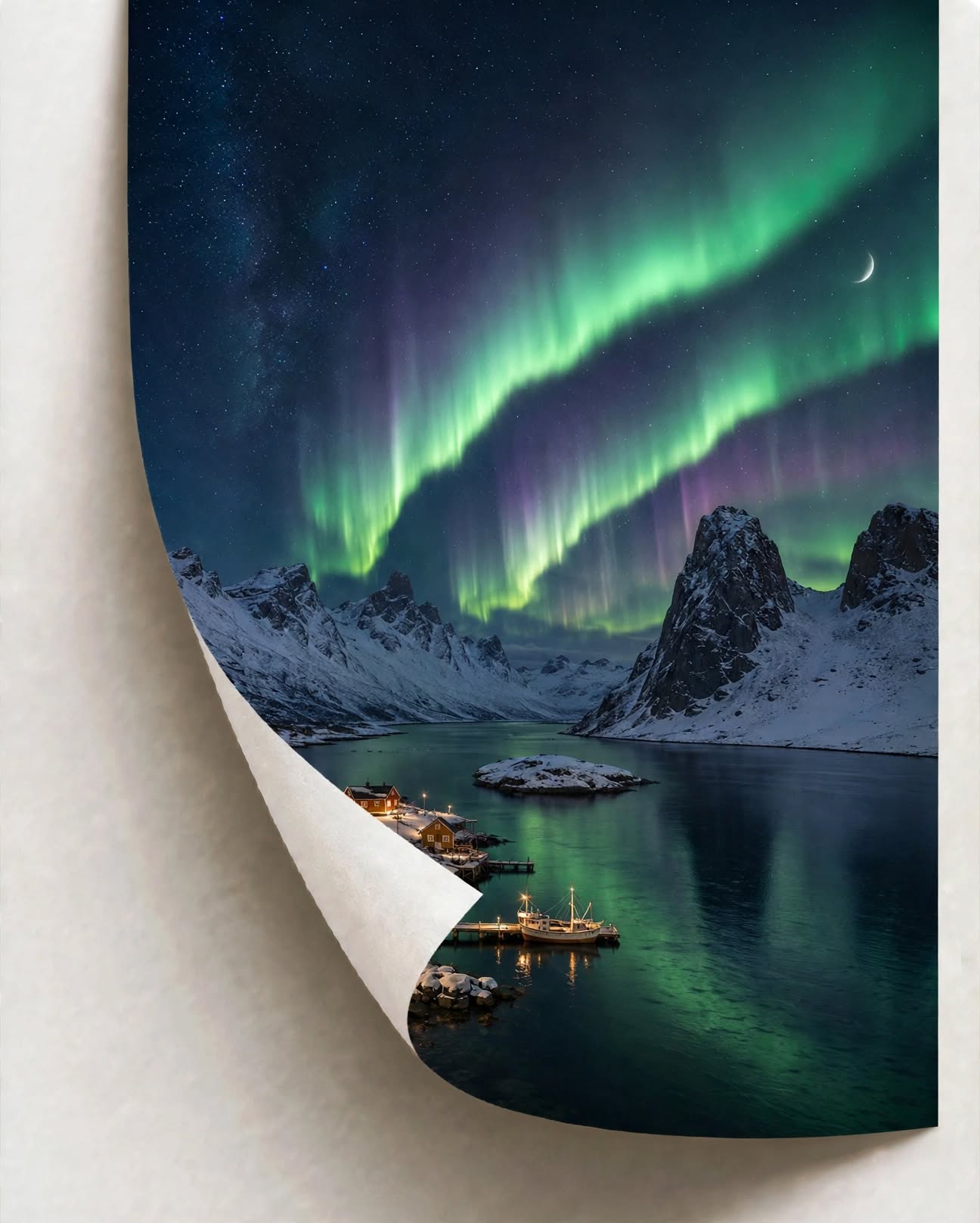 Northern Lights Aurora Art Print featuring green and violet aurora lights over a remote coastal village