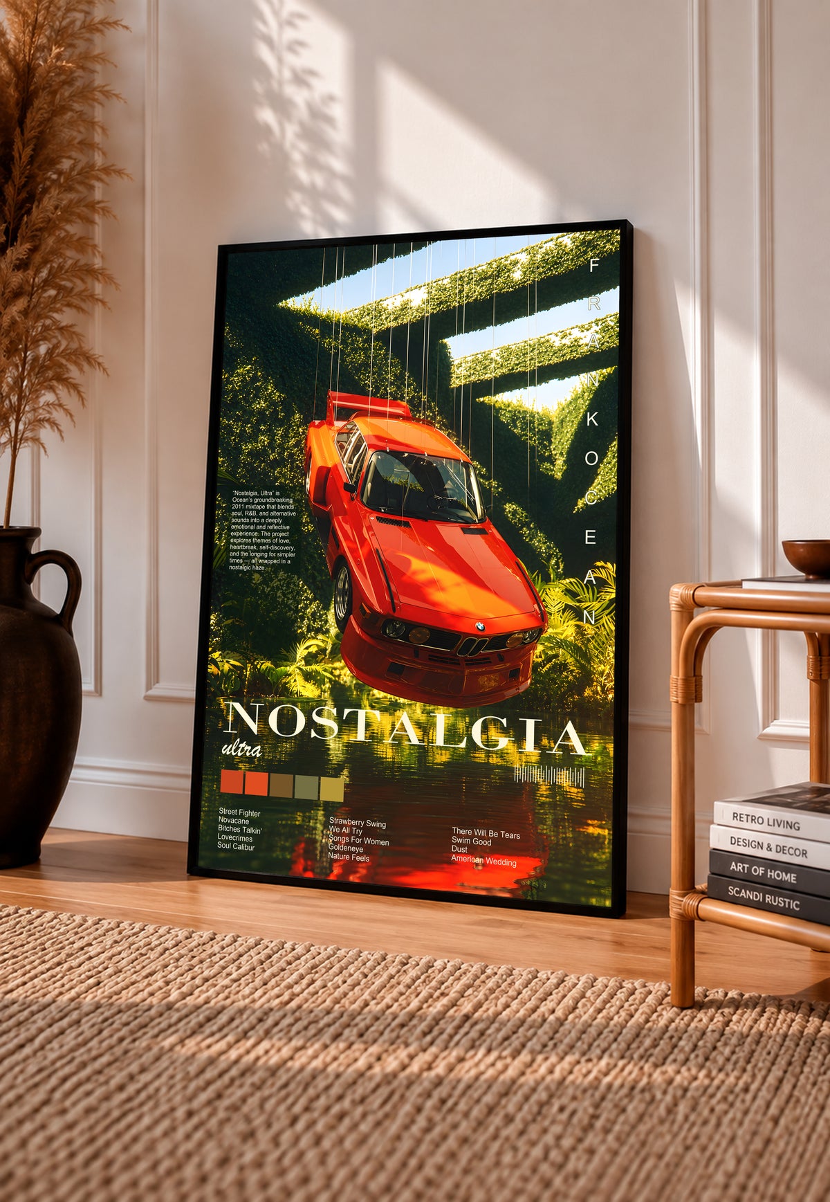Ferrari forest collage poster in a slim black frame, with a red sports car