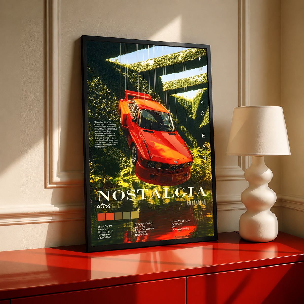 Ferrari forest collage poster in a black frame, featuring a red sports car