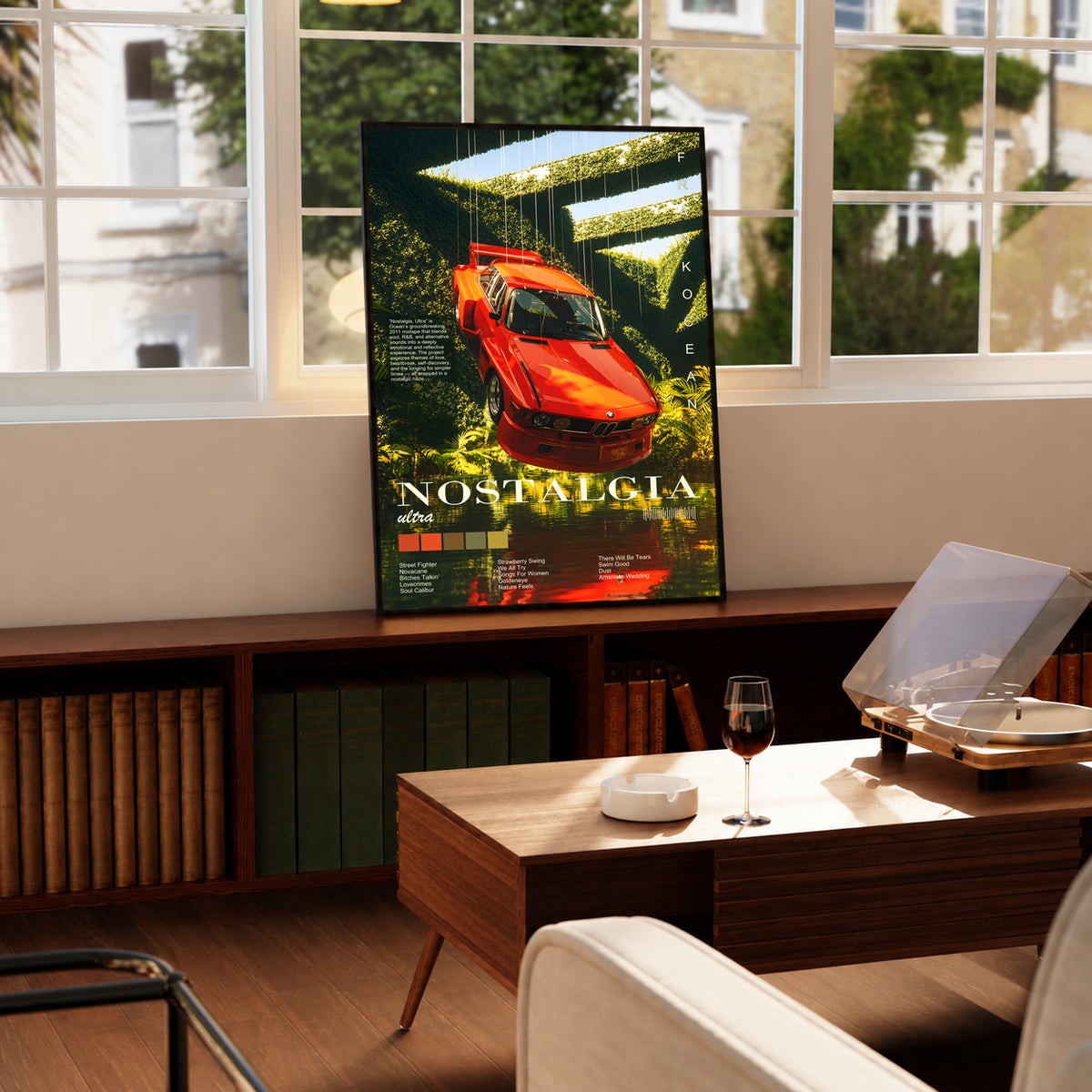 Ferrari forest collage poster in a black frame, with red sports car artwork