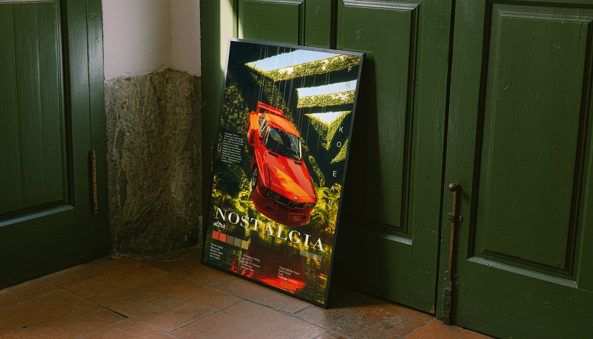 Ferrari forest collage poster with red sports car artwork, shown unframed