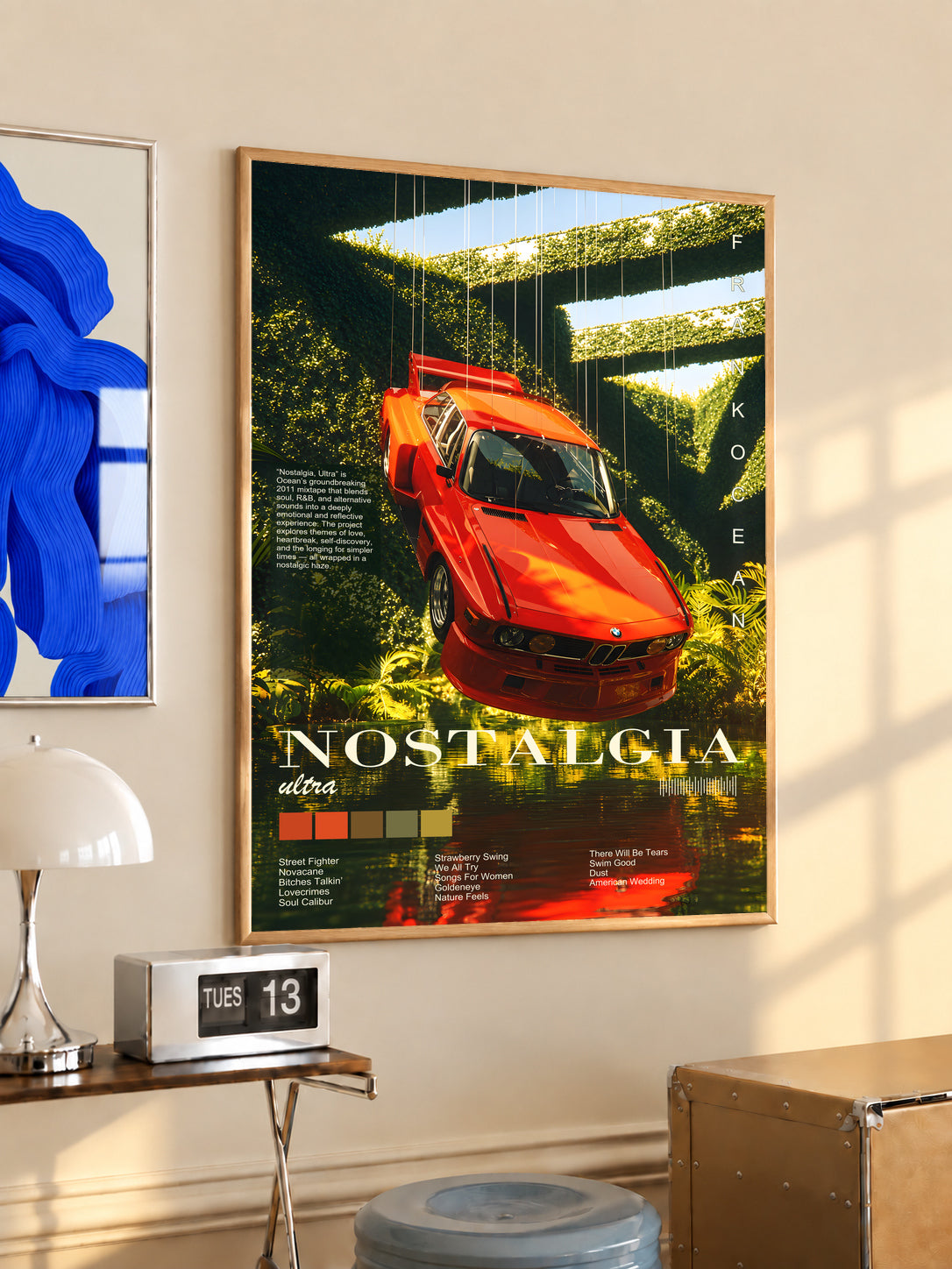 Ferrari forest collage poster in a light wood frame, featuring a red sports car