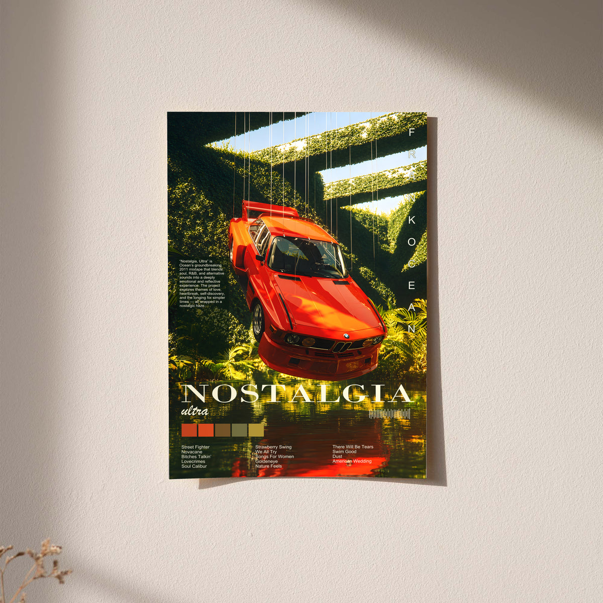 Ferrari forest collage poster featuring a red sports car and Nostalgia title