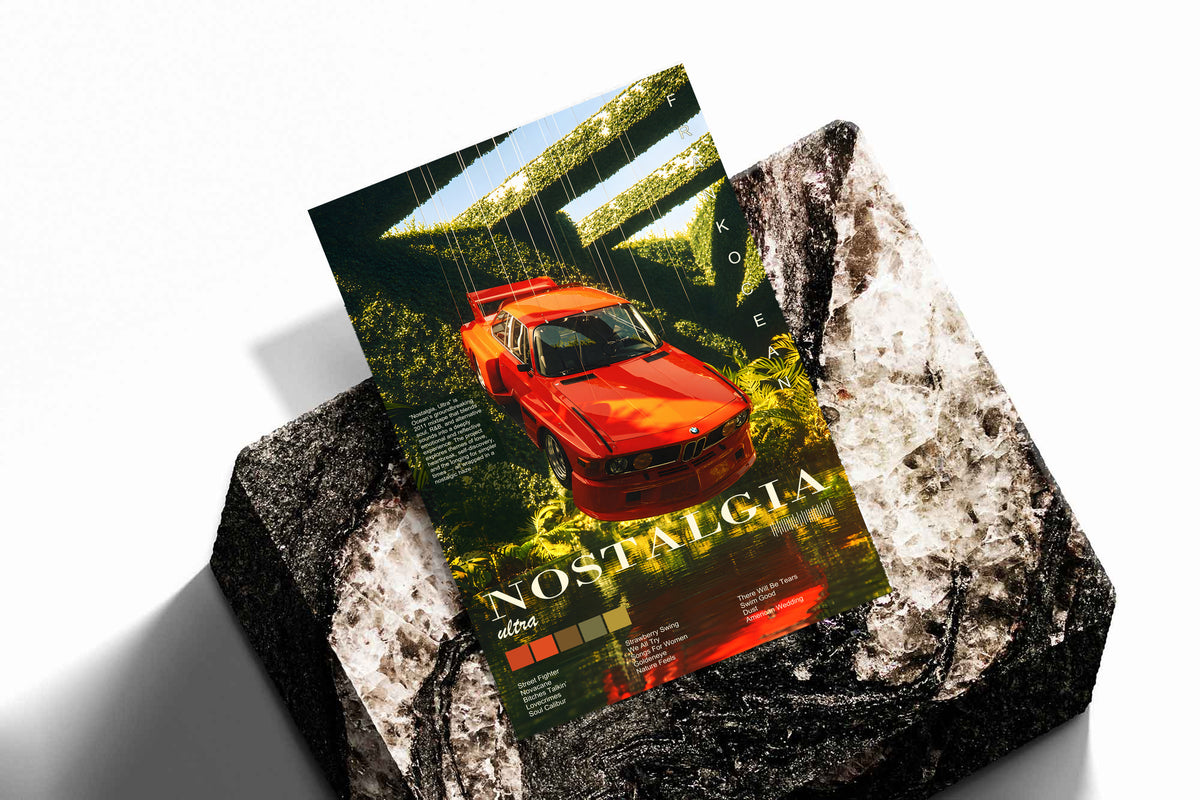 Ferrari forest collage poster featuring a red sports car, shown unframed