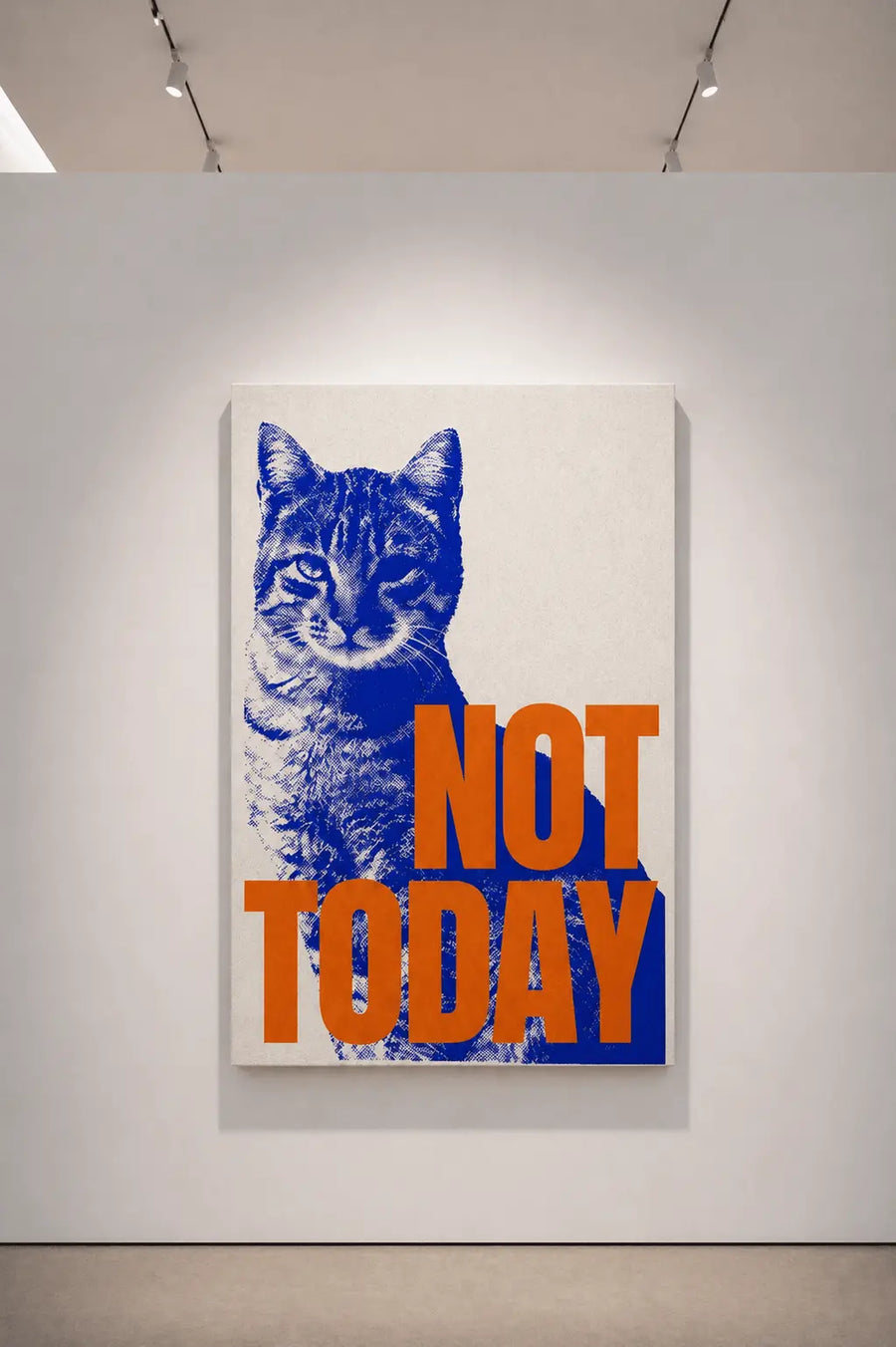 Lámina enmarcada con actitud felina, con un gato azul y las palabras «NOT TODAY» en naranja intenso