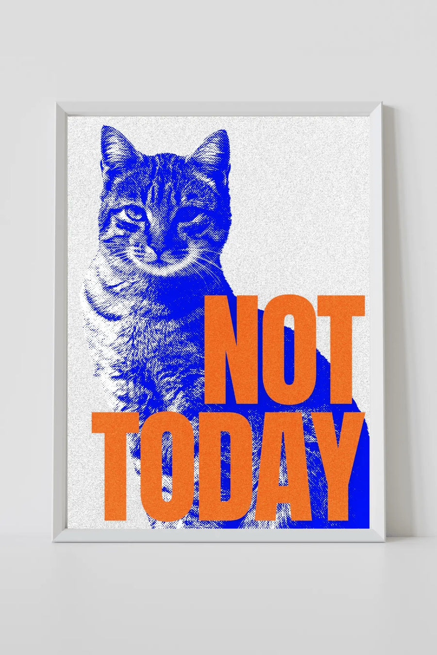 alt
Impresión enmarcada de gato con actitud: gato azul con texto naranja "NO HOY" sobre blanco