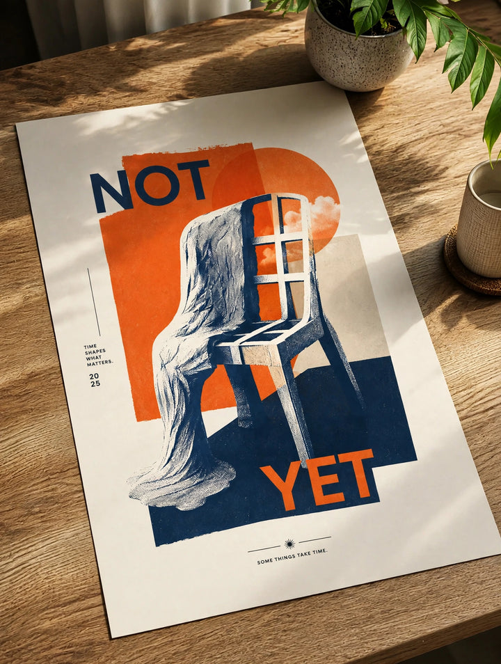 Paper wall poster with abstract chair, “NOT” and “YET”, shown on tabletop