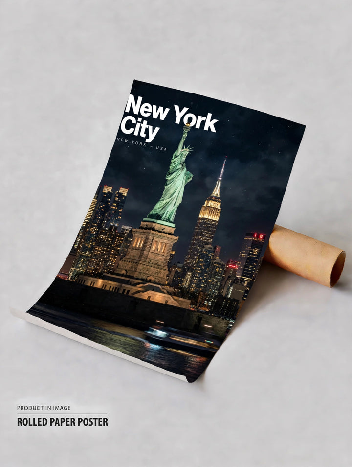 Rolled paper travel poster with night skyline and Statue of Liberty, 'New York City' text.