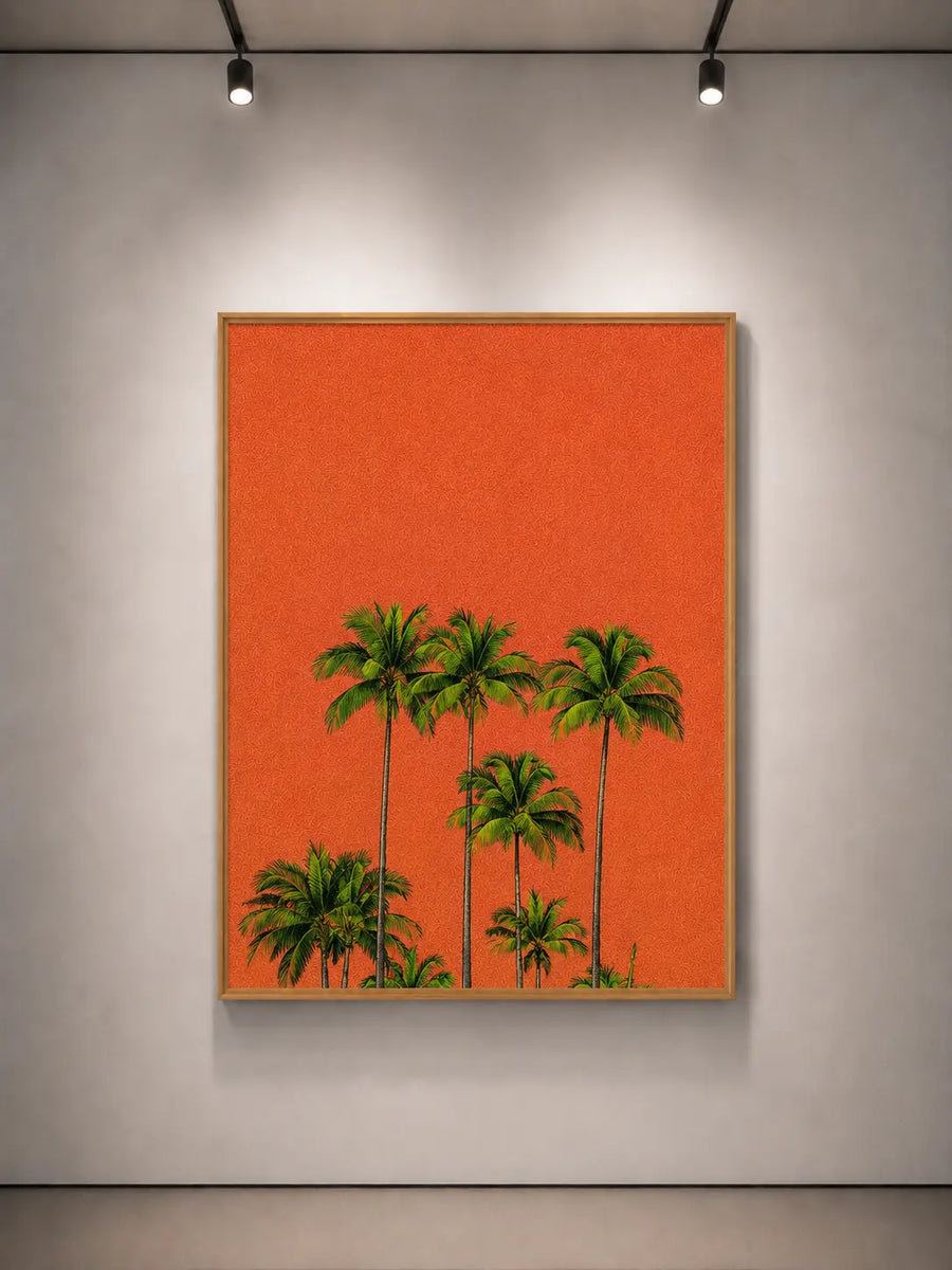 Wandbild mit Palmenmotiv, orangefarbenem Hintergrund, grünen Palmen und bronzefarbenem Rahmen