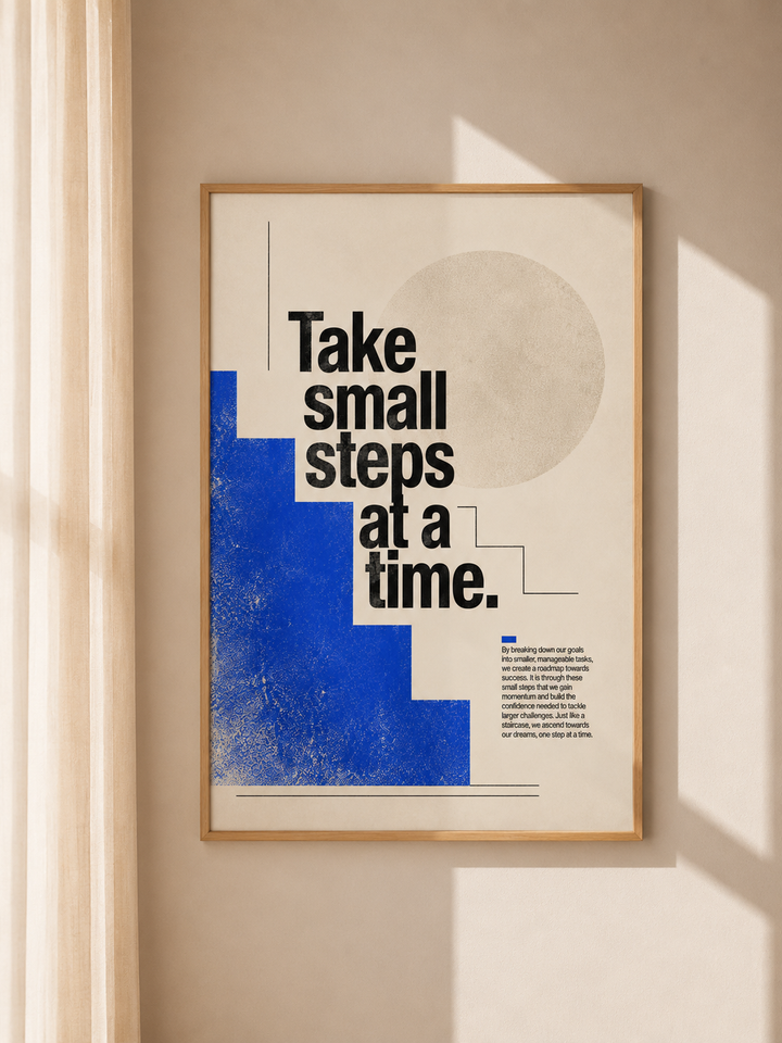Wood-framed typographic wall art with blue gradient bottom block and beige circle shape.