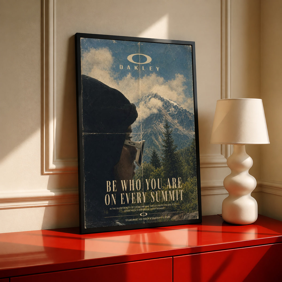 Framed blue mountain poster with Oakley logo and gold "Be who you are" text