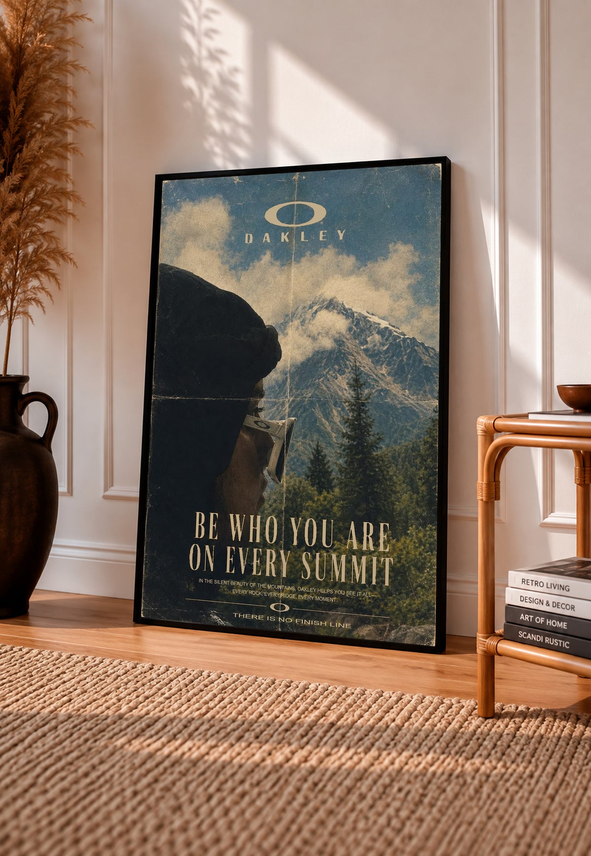 Framed blue mountain poster with Oakley logo and gold text, black border