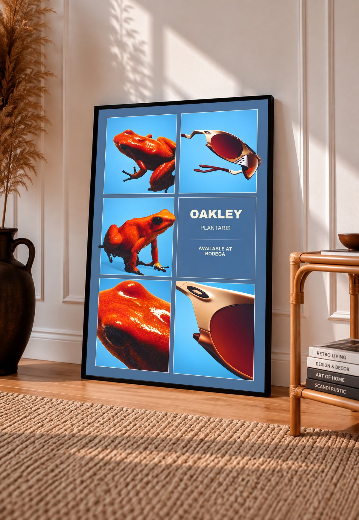 Oakley Plantaris poster in a black frame, showing orange frogs and sunglasses.