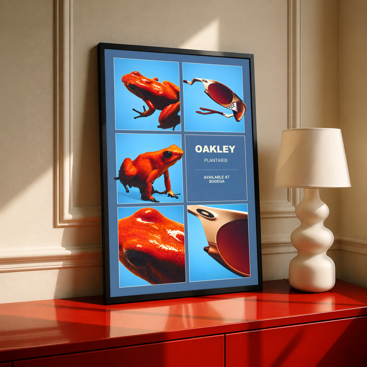 Oakley Plantaris poster in a black frame, with orange frogs and sunglasses in blue panels.
