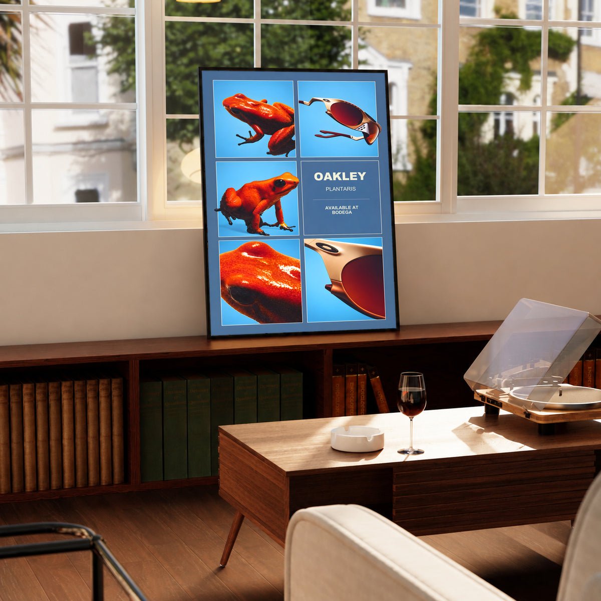 Oakley Plantaris poster in a black frame, featuring orange frogs and sunglasses.