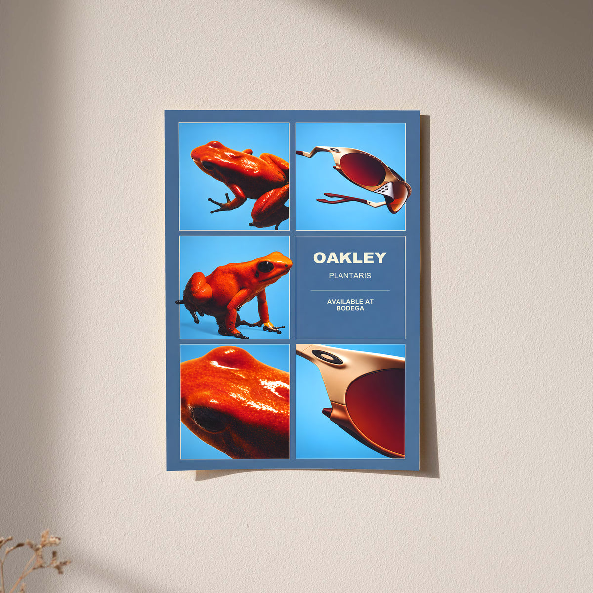 Oakley Plantaris poster featuring orange frogs and sunglasses in blue panels.