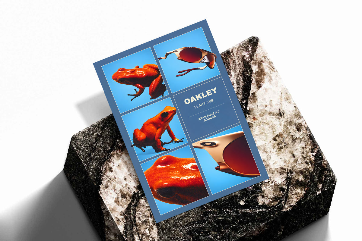 Oakley Plantaris poster with orange frogs and sunglasses, displayed without a frame.