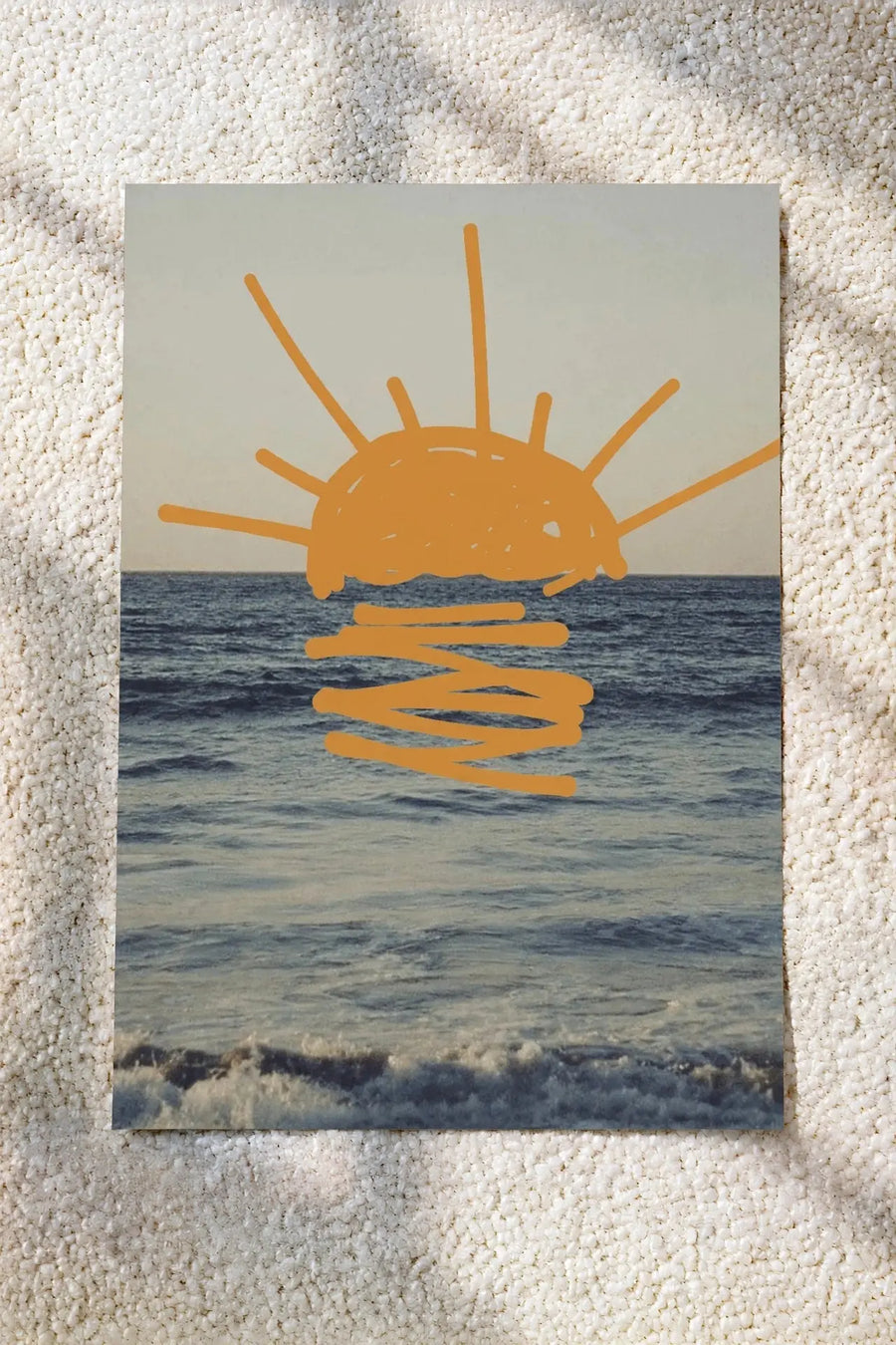 Ocean wall art poster with orange sun over blue waves and simple line waves