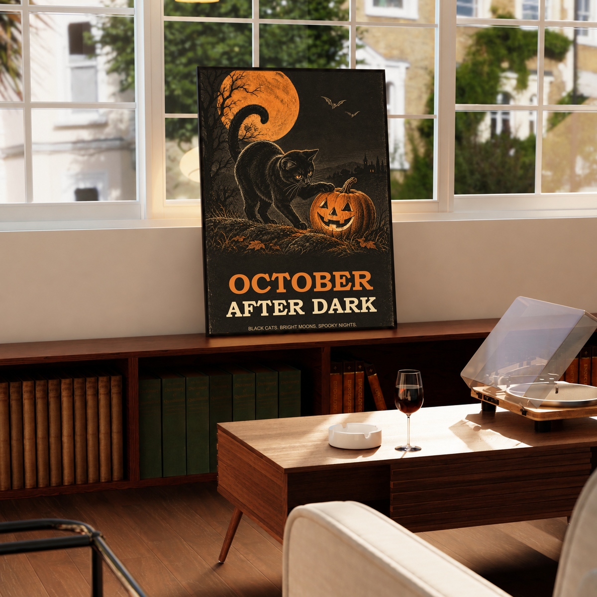 Framed black cat Halloween poster with jack-o'-lantern and orange moon, bats overhead.