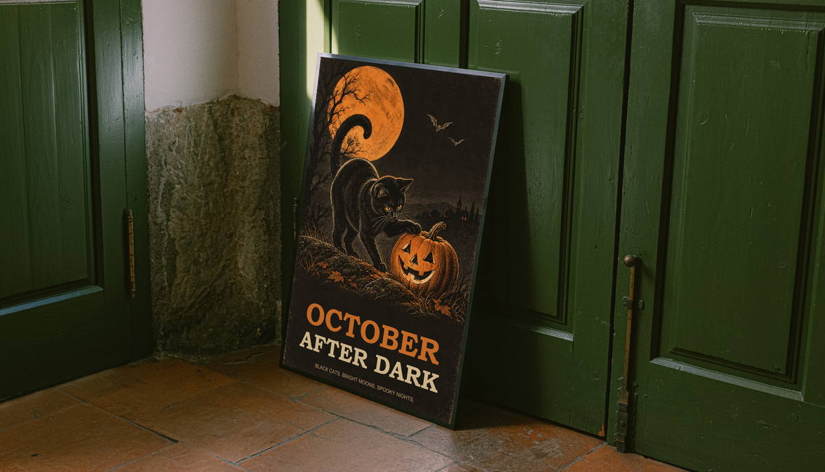 Halloween poster standing on floor: black cat, jack-o'-lantern, orange moon, bats.