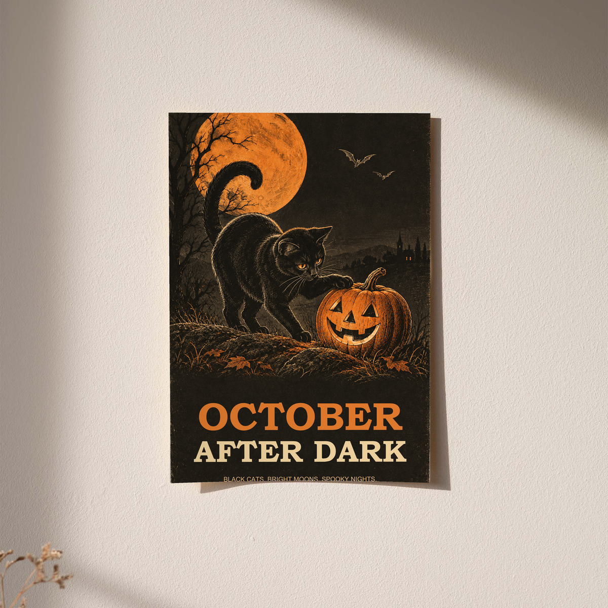 Halloween poster with black cat, orange moon, jack-o'-lantern, bats, and text 'OCTOBER AFTER DARK'.