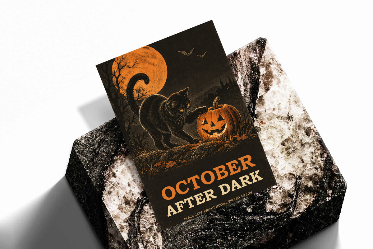 Halloween posters stacked; black cat, orange moon, jack-o'-lantern, and 'OCTOBER AFTER DARK' text.