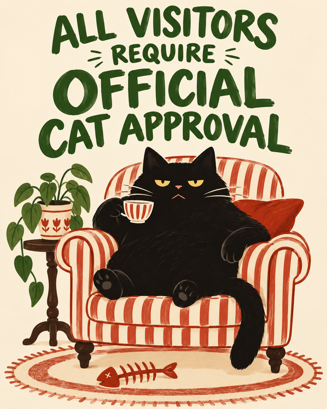 Official Cat Approval funny cat wall art with black cat in a striped armchair