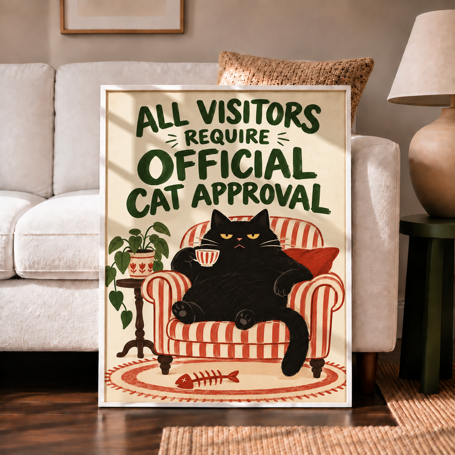 Official Cat Approval funny cat wall art displayed in a stylish living room