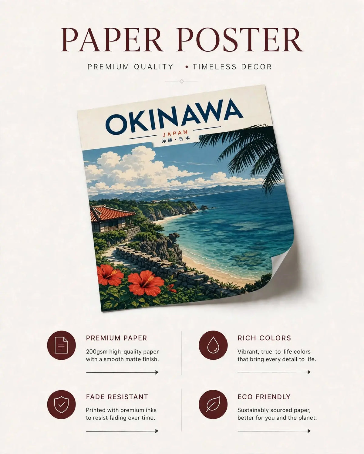 Okinawa coastal paper poster print with tropical beach and palm tree scene