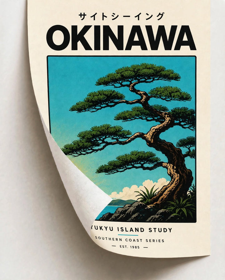 Okinawa Japanese Art Print displayed as Japanese landscape wall art in a warm minimalist interior