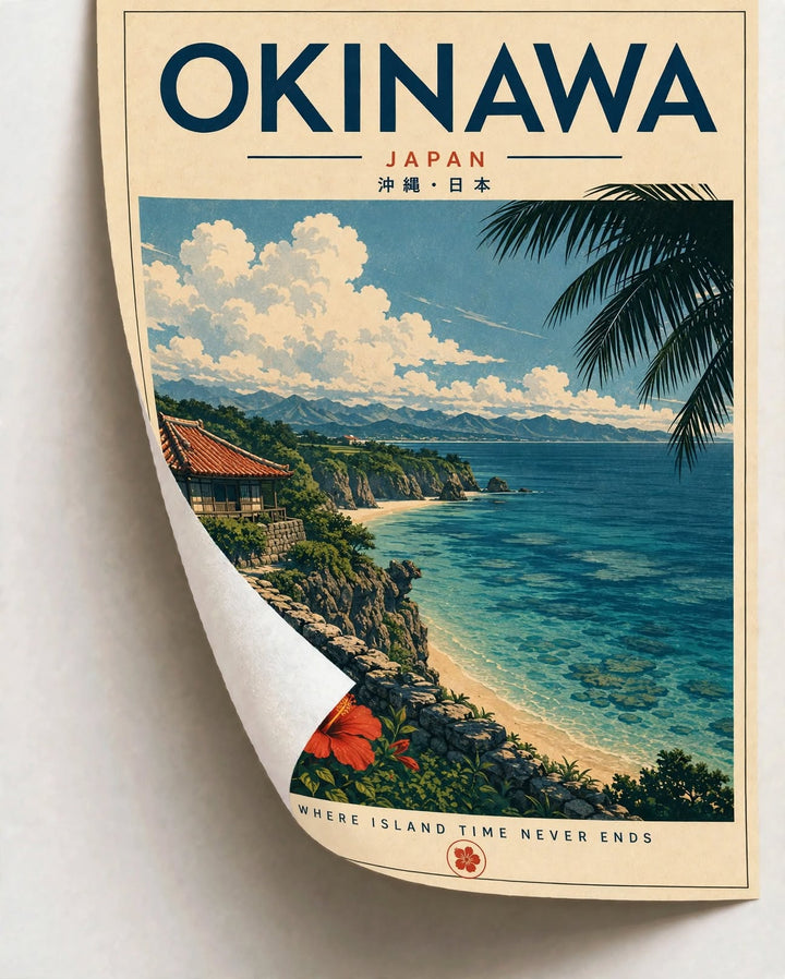 Okinawa Coastal Art Print styled as vintage travel wall decor with blue coastal scenery and natural details