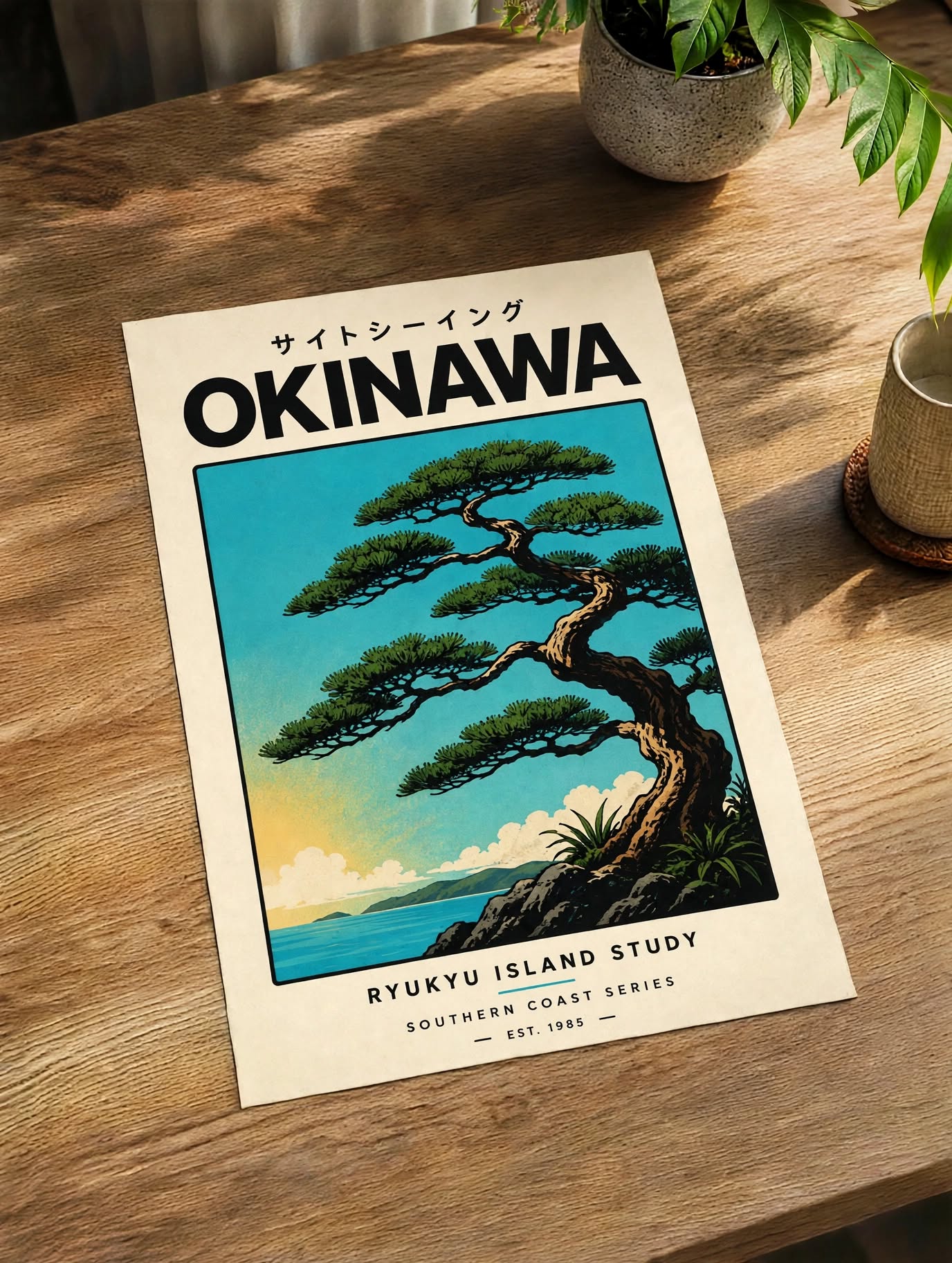 Okinawa Japanese Art Print with turquoise water, green pine tree and vintage travel poster styling