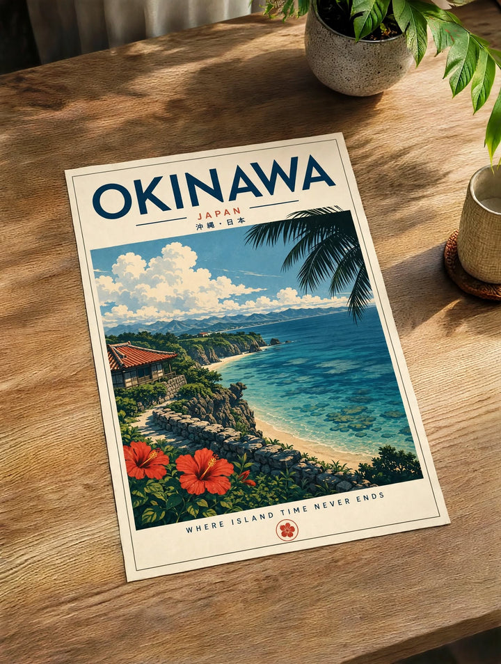 Okinawa Coastal Art Print shown as a rolled paper poster with vintage Japanese travel styling