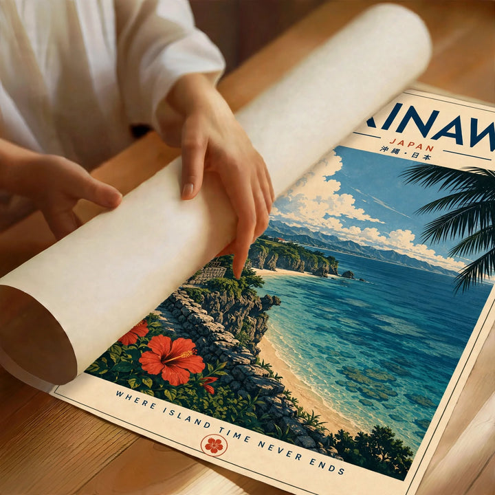 Okinawa Coastal Art Print featuring vibrant ocean views and tropical flowers inspired by Okinawa Japan